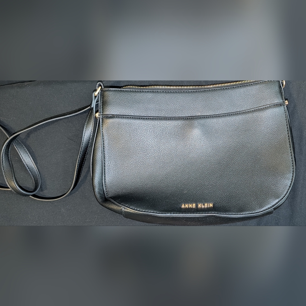 Anne Klein Black Pebbled Leather Messenger Crossbody